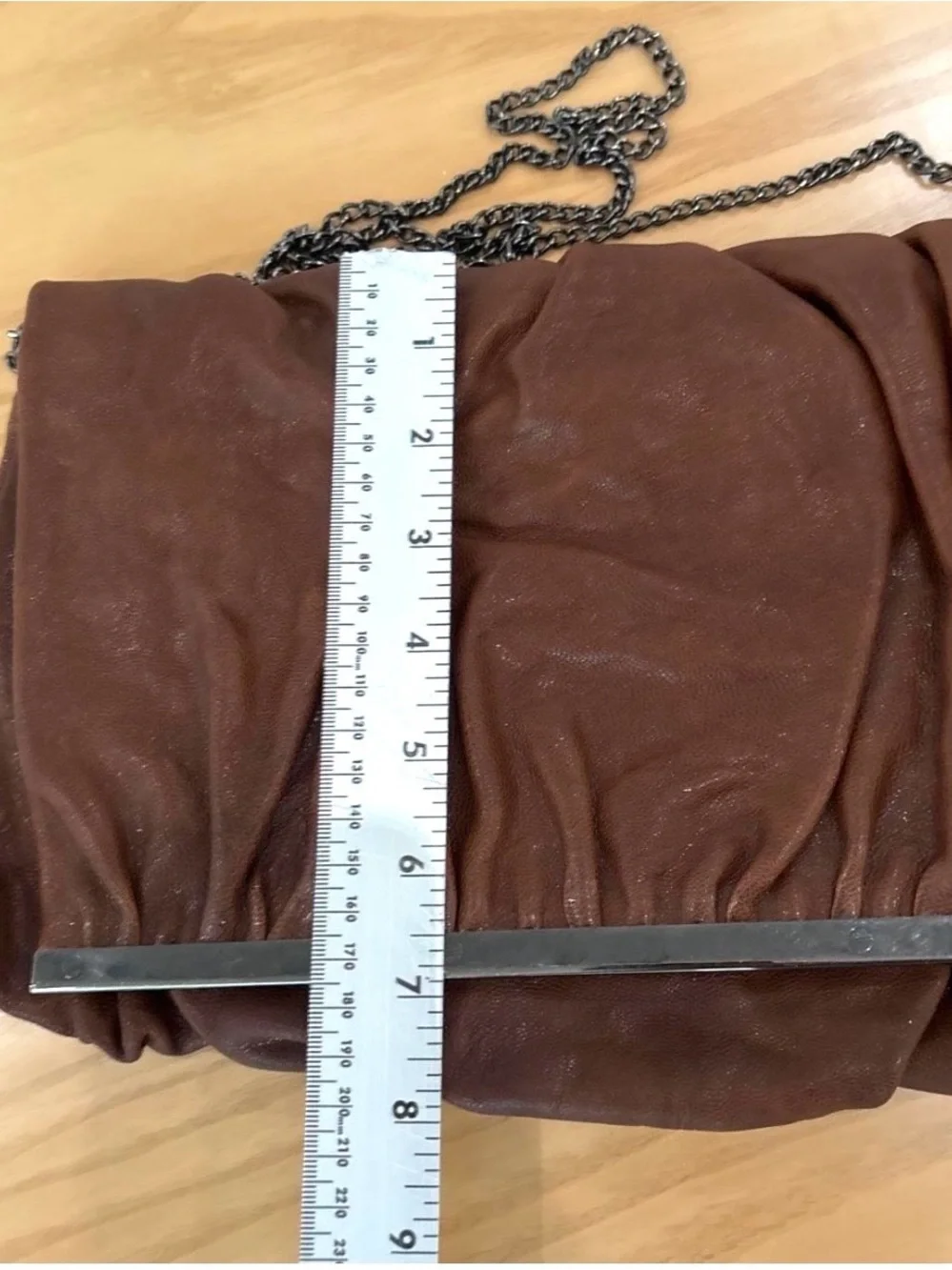 Malababa Brown Ruched Leather Frame Clutch Chain Crossbody Bag